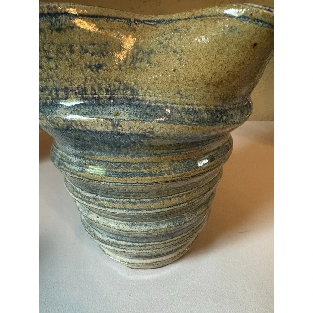 Signed Studio Art Pottery Pitcher Blue Green Earth Tone Glaze 2003 Jug